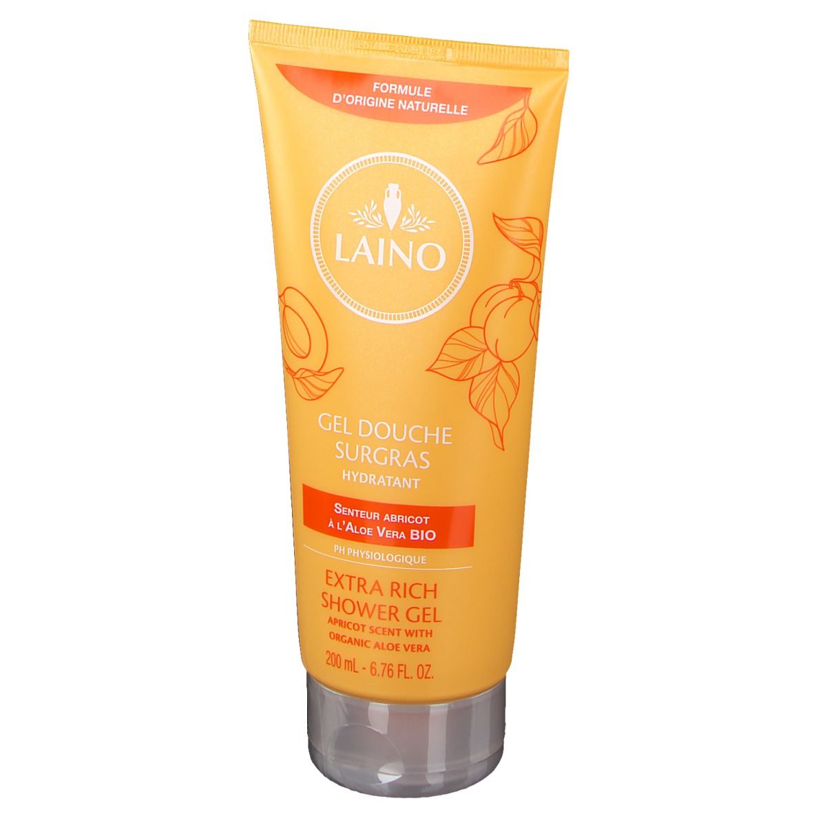 Gelbe Tube mit Produktnamen und Illustrationen. Aufdrucke: LAINO, Gel Douche Surgras, Senteur Abricot à l'Aloe Vera Bio, 200ml.