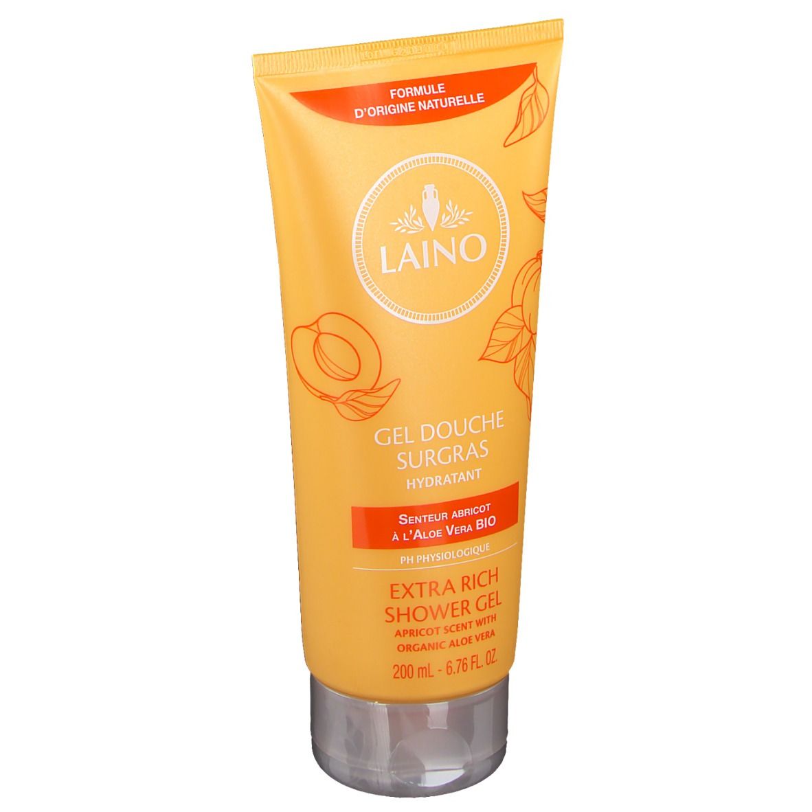 Gelbe Tube mit Produktnamen und Illustrationen. Aufdrucke: LAINO, Gel Douche Surgras, Senteur Abricot à l'Aloe Vera Bio, 200ml.