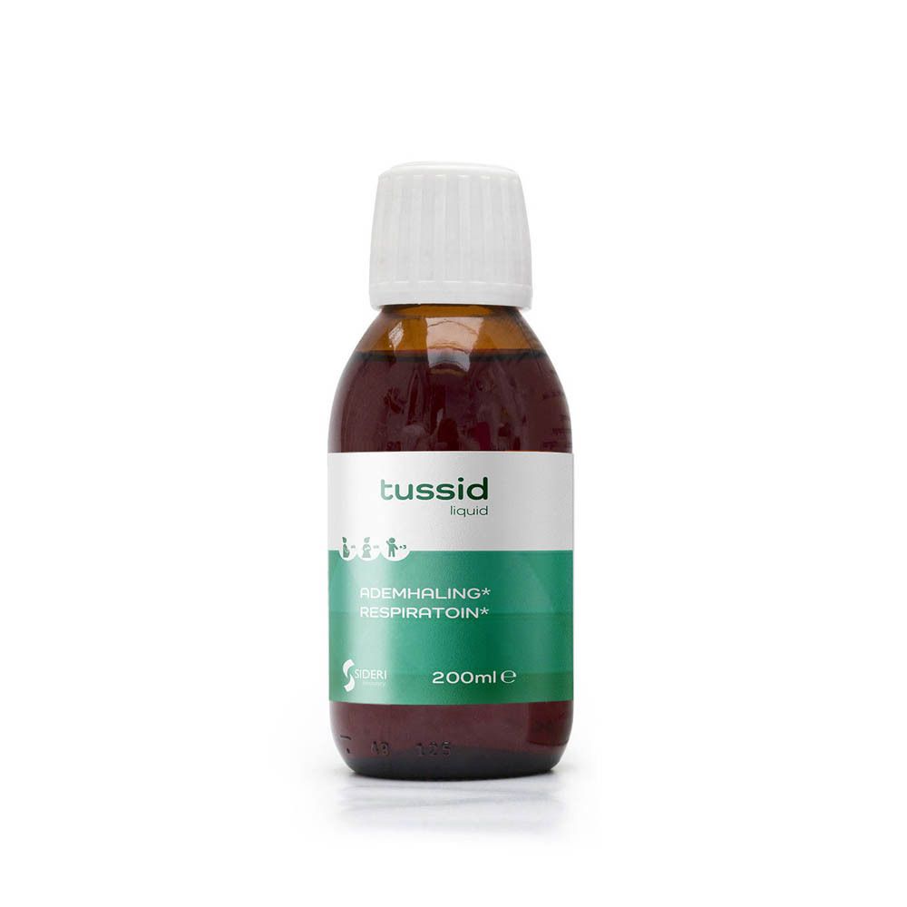 Fles met bruine vloeistof, witte dop en etiket met "tussid liquid".