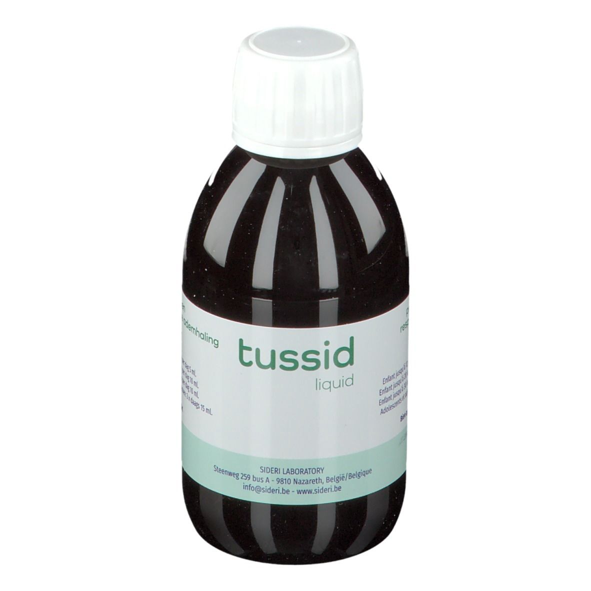 Bruine vloeistof in een fles met witte dop. Op het etiket staat "tussid liquid".