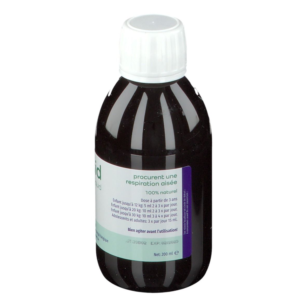 Bruine vloeistof in een fles met witte dop. Etiket met "tussid liquid" en doseringsinstructies.