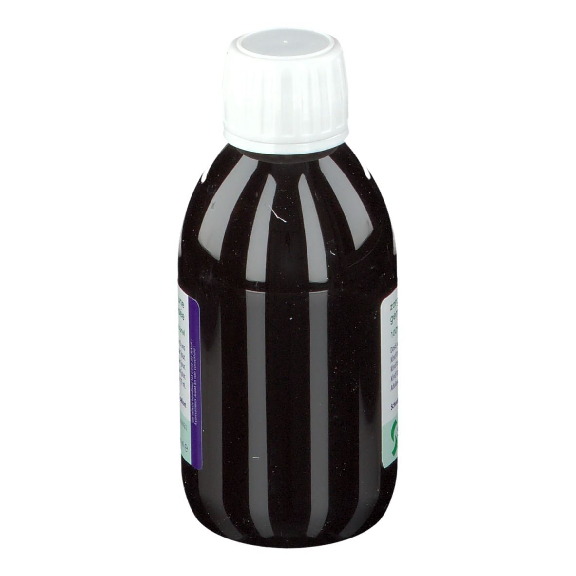 Bruine vloeistof in een fles met witte dop. Op het etiket staat "tussid liquid".