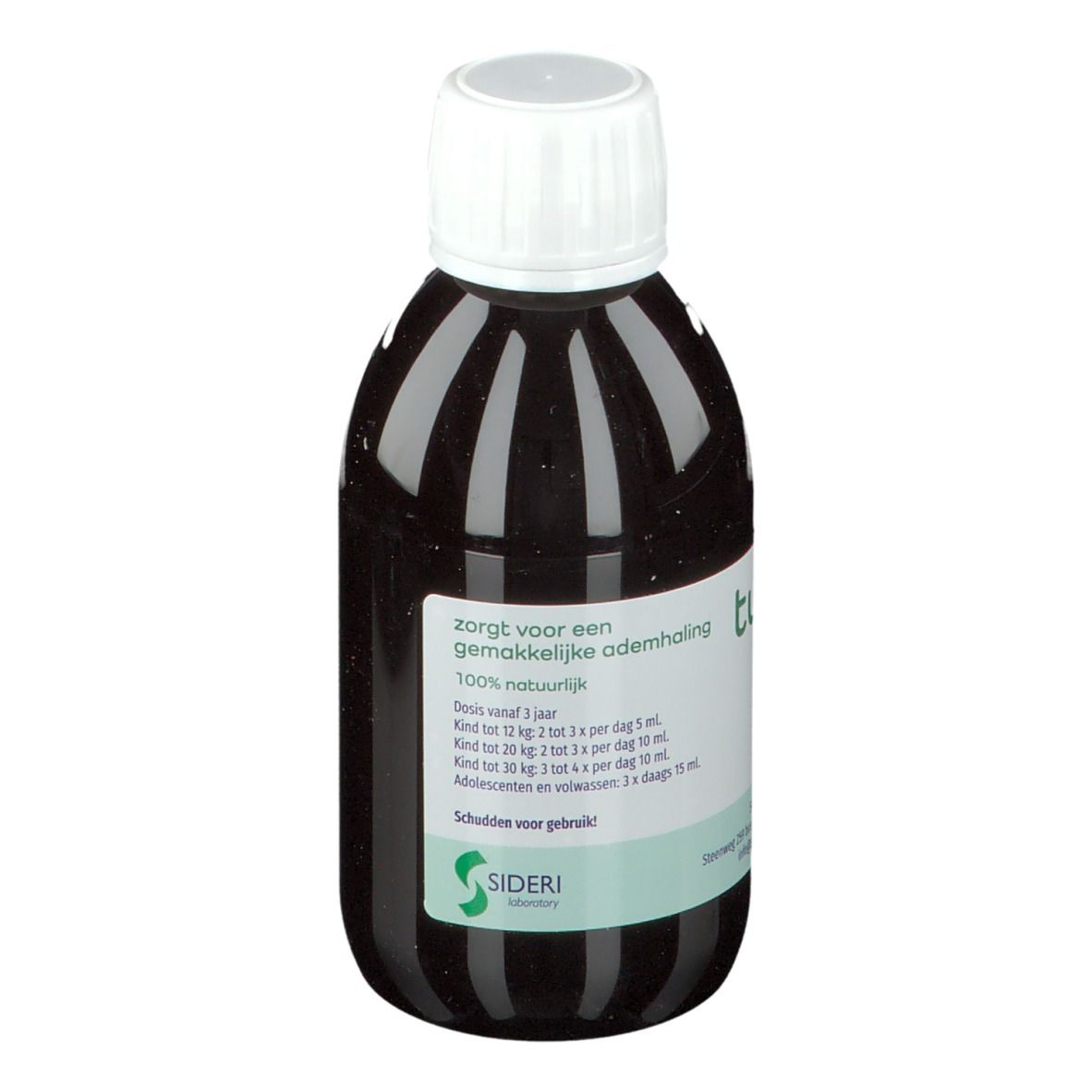 Bruine vloeistof in een fles met witte dop. Etiket met "tussid liquid" en doseringsinstructies.