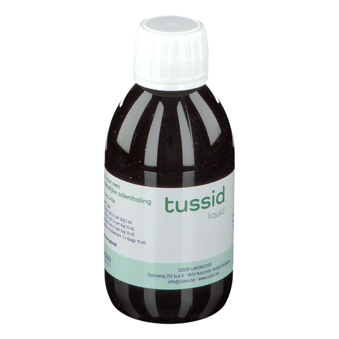 Bruine vloeistof in een fles met witte dop. Op het etiket staat "tussid liquid".