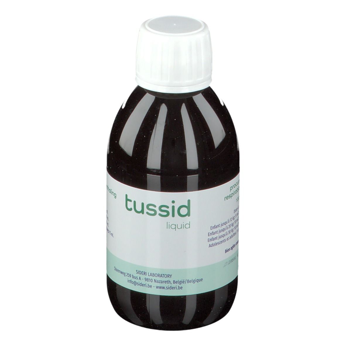 Bruine vloeistof in een fles met witte dop. Op het etiket staat "tussid liquid".