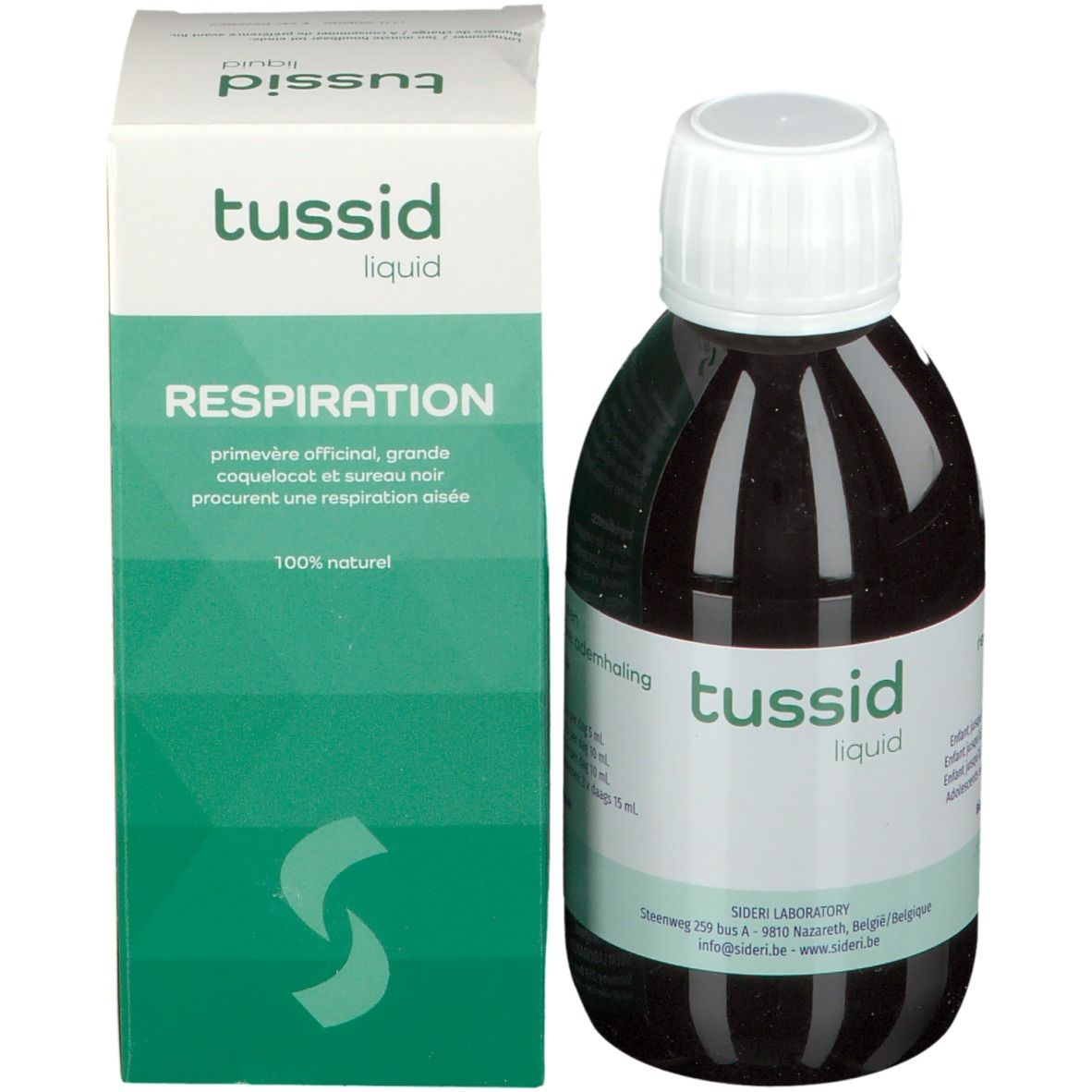 Een fles met bruine vloeistof en een doos. Op de fles staat "tussid liquid".