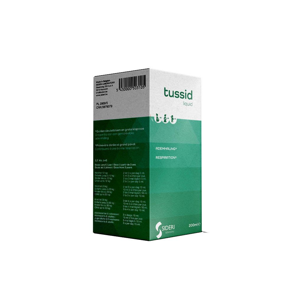 Doos met "tussid liquid" en doseringsinstructies.