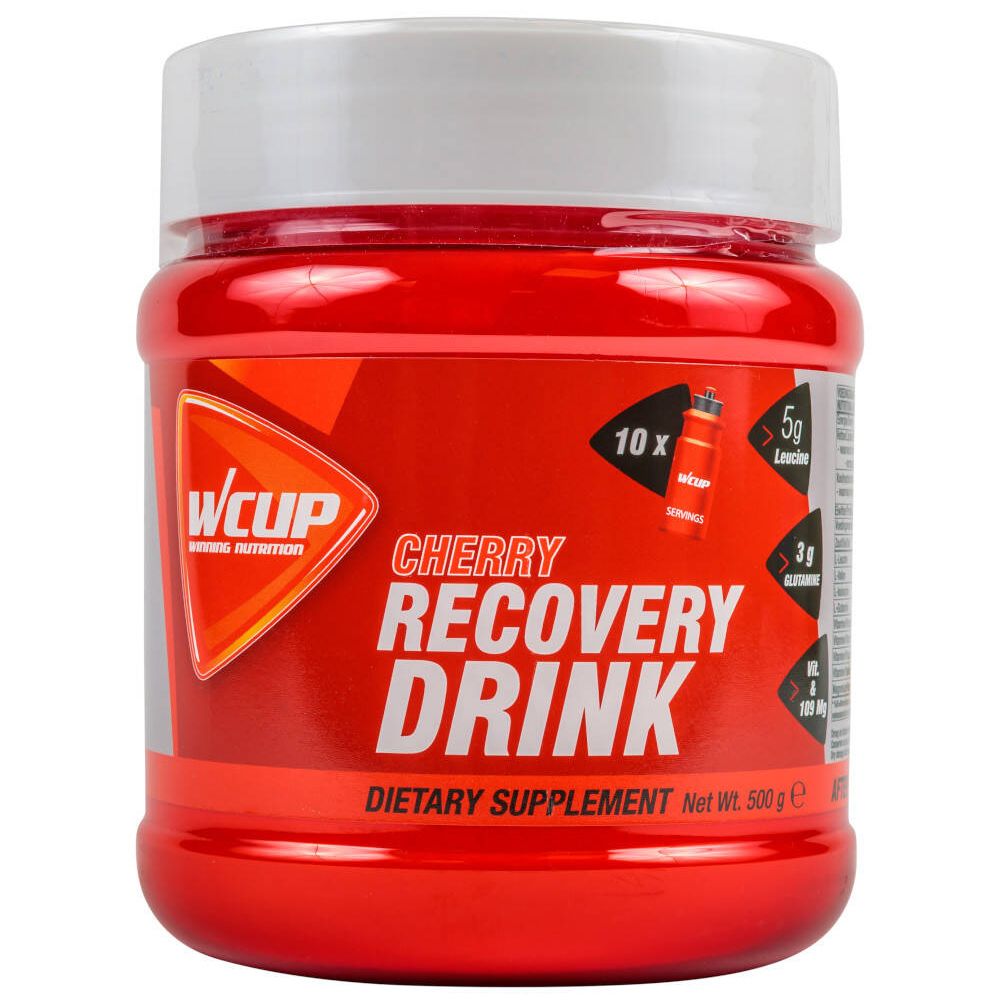 Rode pot met witte deksel. Opschrift: Cherry Recovery Drink. Merk: WCUP. Voedingssupplement.