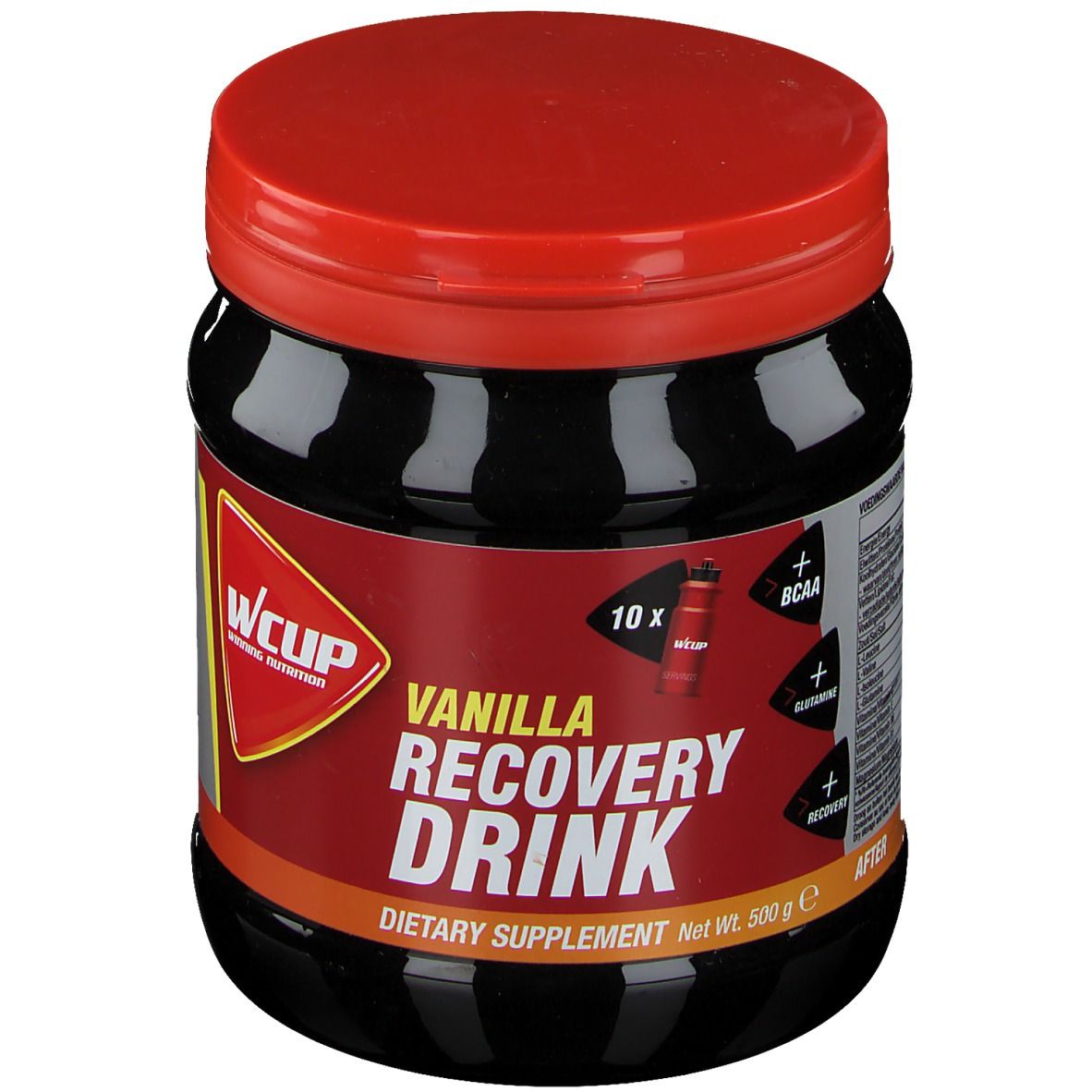 Zwarte plastic pot met rode deksel. Opschrift: Vanilla Recovery Drink. Voedingssupplement. Netto 500 g.