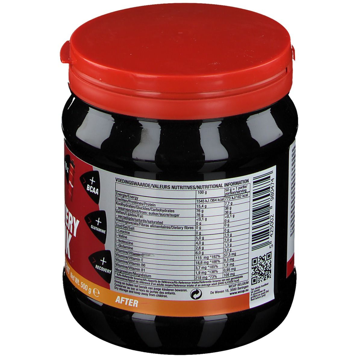 Achterkant van zwarte pot met rode deksel. Bevat voedingswaarde-informatie en ingrediëntenlijst. QR-code en barcode.