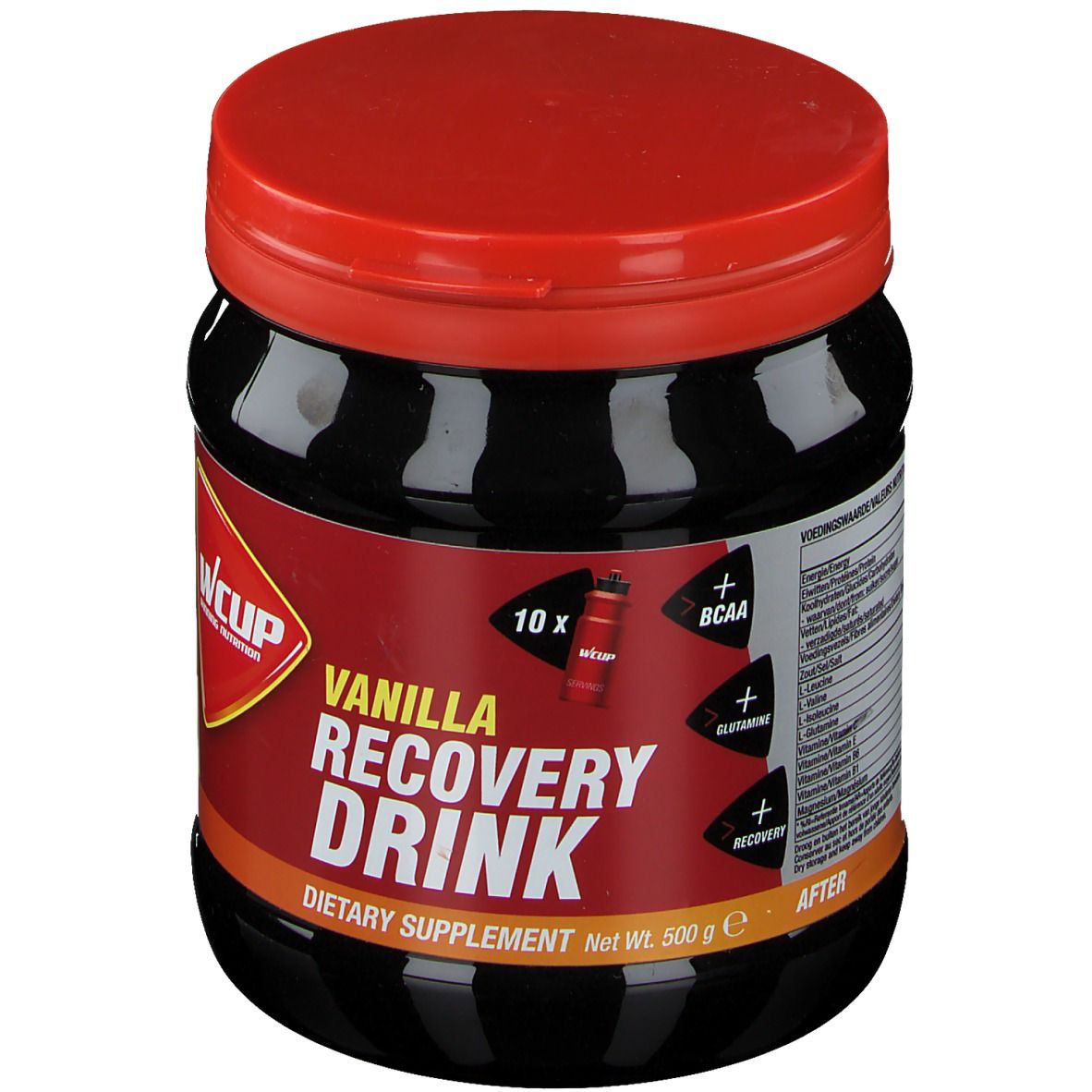 Zwarte pot met rode deksel. Opschrift: Vanilla Recovery Drink. Voedingssupplement. Bevat BCAA en andere ingrediënten.