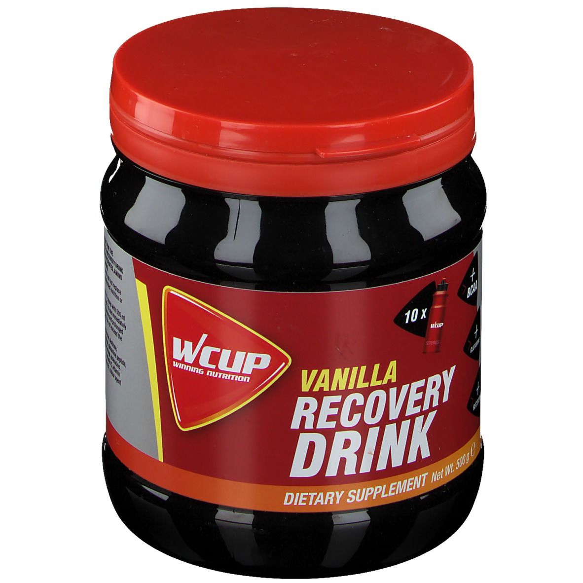 Zwarte pot met rode deksel. Opschrift: Vanilla Recovery Drink. Voedingssupplement. Logo: WCUP.