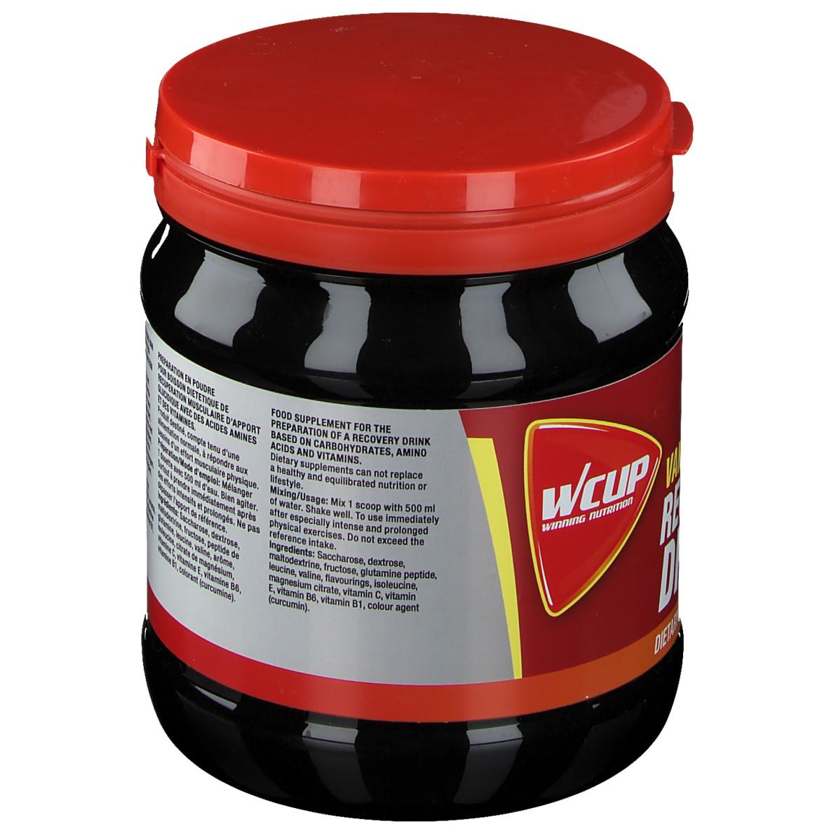 Achterkant van zwarte pot met rode deksel. Bevat informatie over bereiding en ingrediënten. Tekst in het Frans.