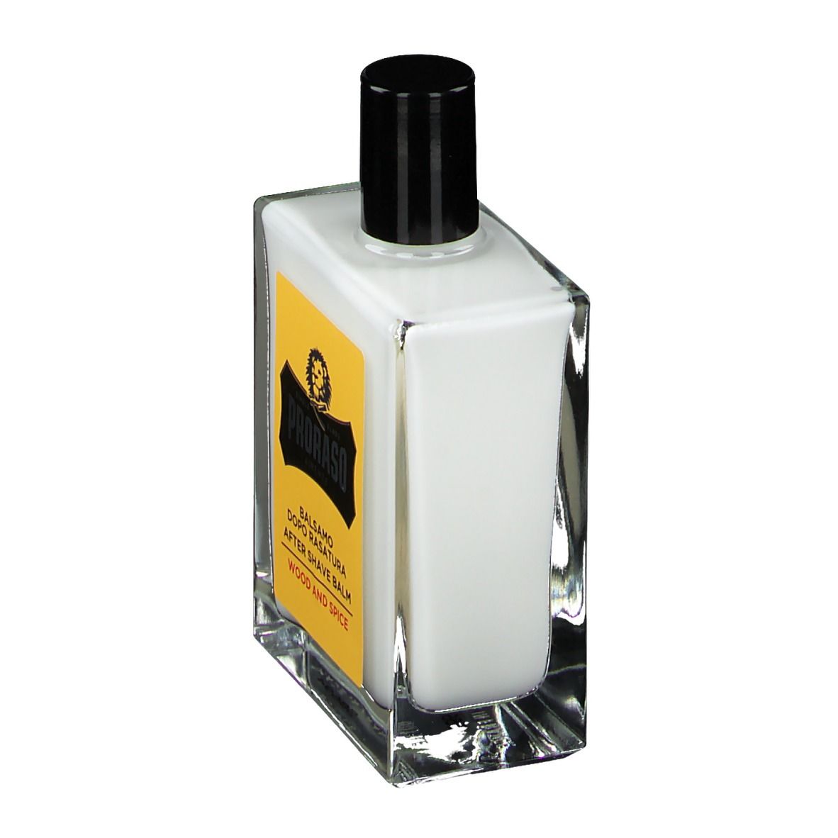 Glasflasche mit weißem Balsam, schwarzem Deckel und gelbem Etikett. Produktansicht von der Seite.
