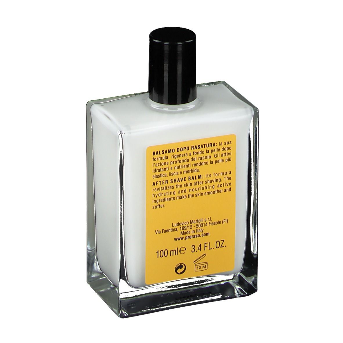 Glasflasche mit weißem Balsam, schwarzem Deckel und gelbem Etikett. Rückansicht mit Text und Logo.