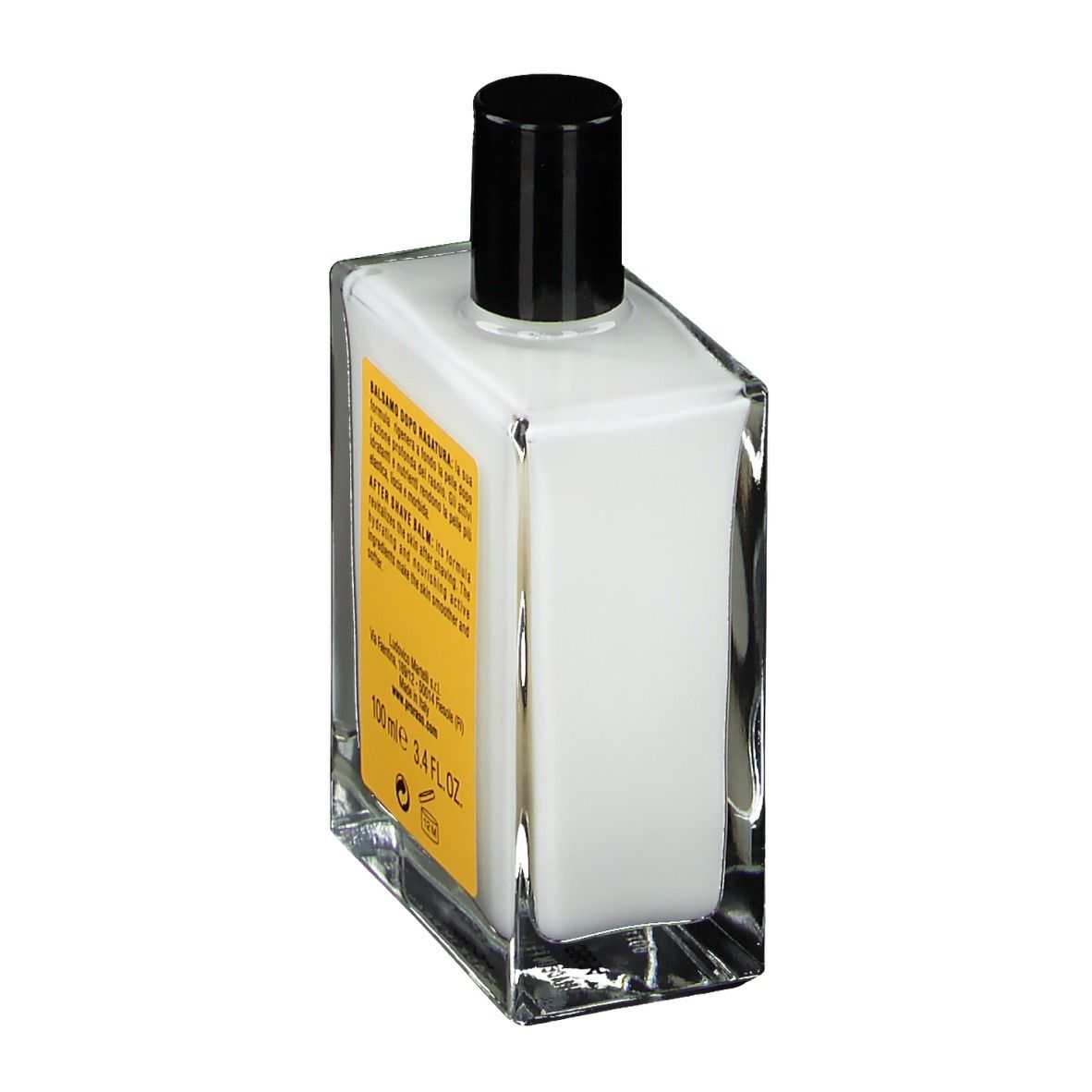 Glasflasche mit weißem Balsam, schwarzem Deckel und gelbem Etikett. Produktansicht von der Seite.