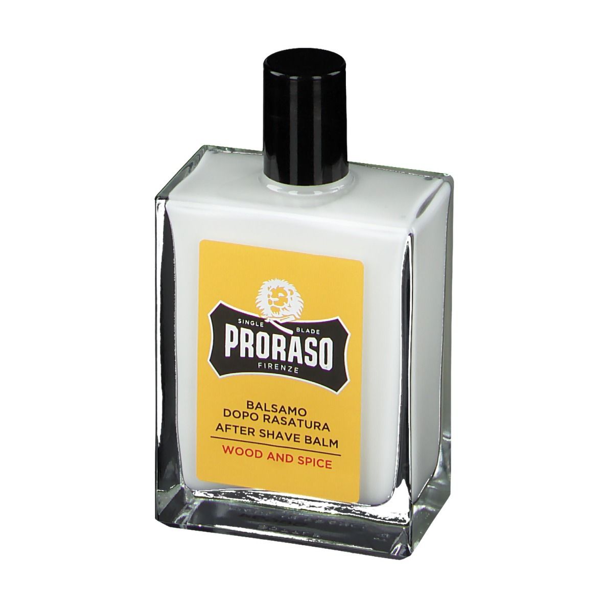 Glasflasche mit weißem Balsam, schwarzem Deckel und gelbem Etikett. Produktansicht.