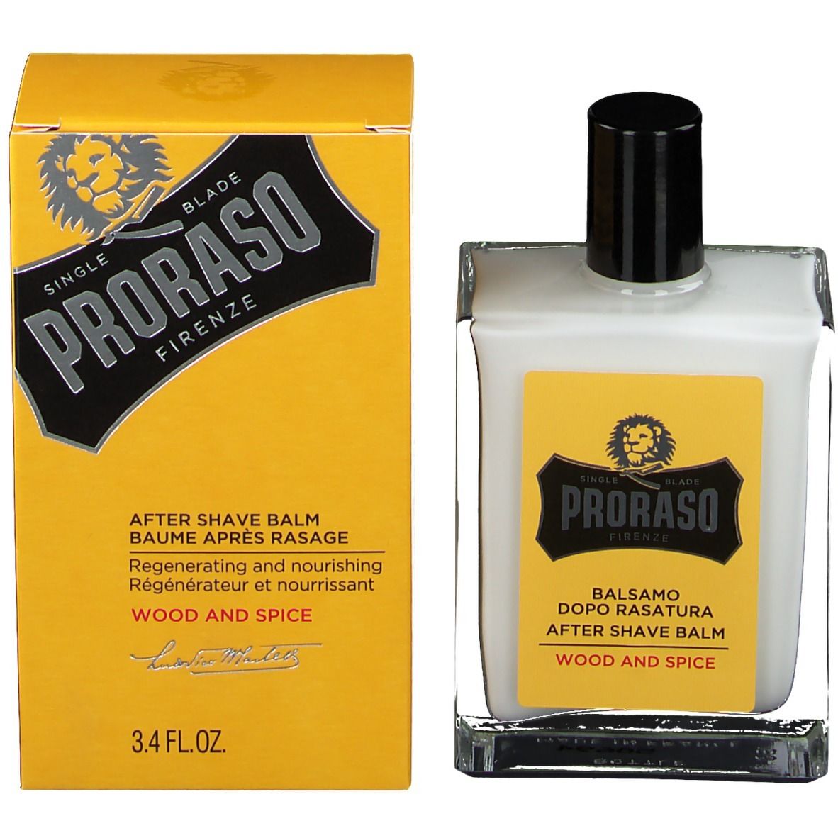 Produktflasche und Verpackung. Gelbe Verpackung mit Logo und Text. Flasche mit weißem Balsam.
