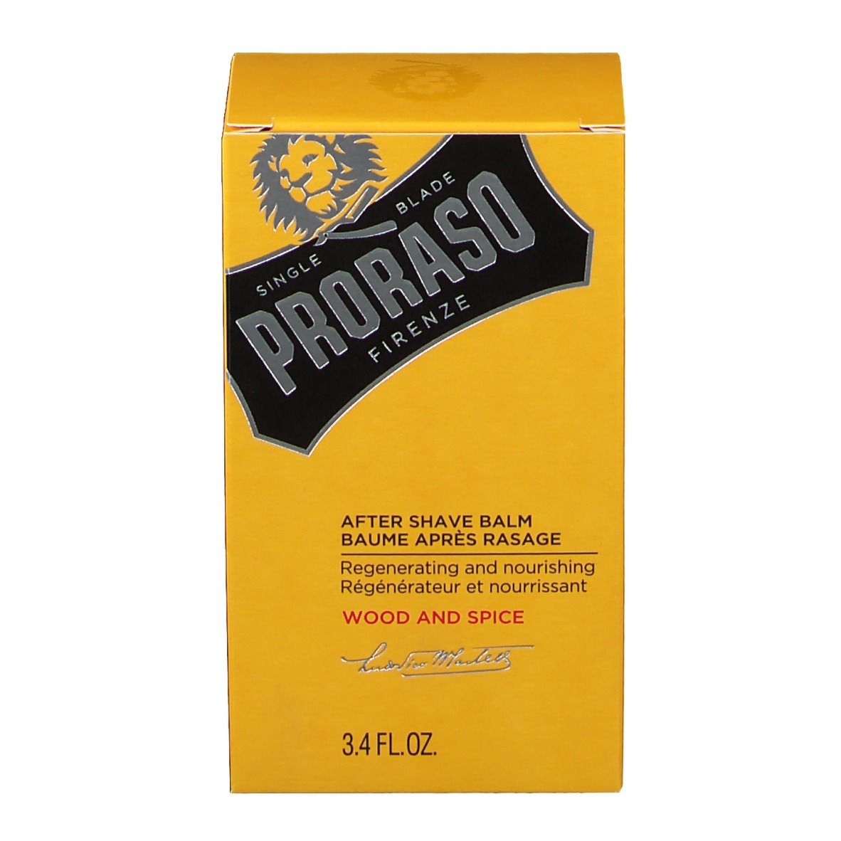 Gelbe Verpackung mit Logo und Text. Produktname und Marke sind sichtbar. Holz und Gewürze.