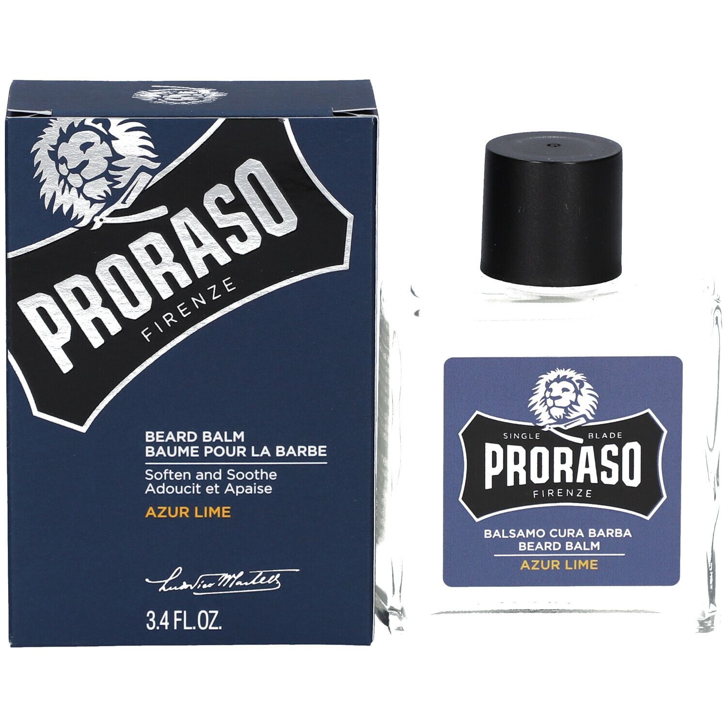 Produit et emballage côte à côte. Boîte bleue et flacon en verre avec nom du produit.