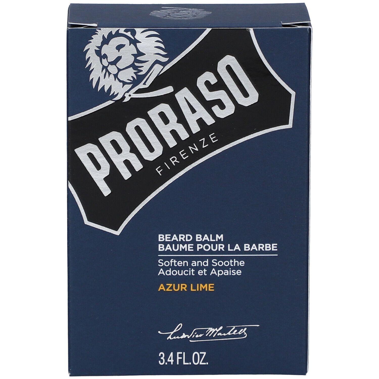 Emballage du produit bleu. Logo et nom du produit sur le devant.