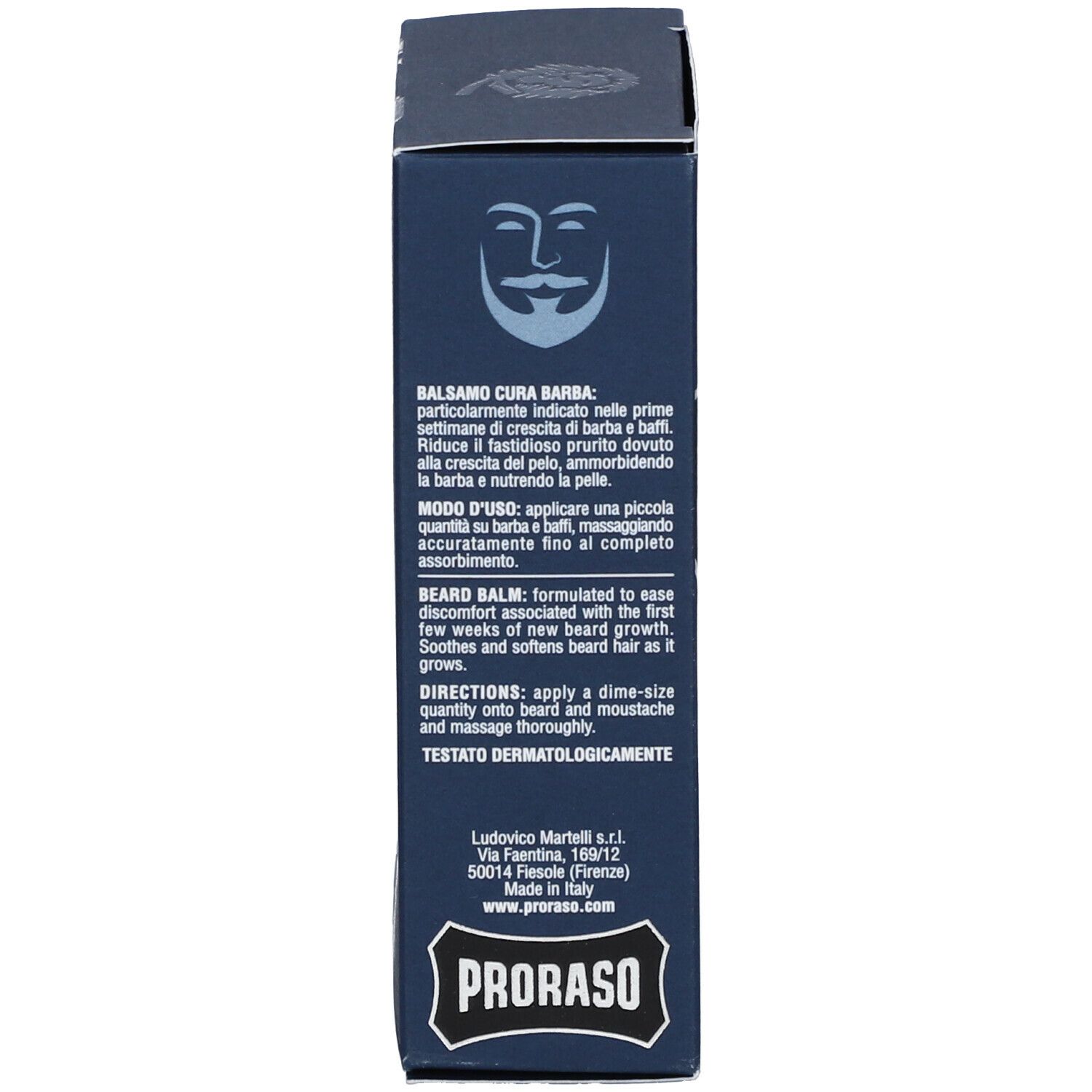 Dos de l'emballage du produit bleu. Texte multilingue, y compris les instructions.