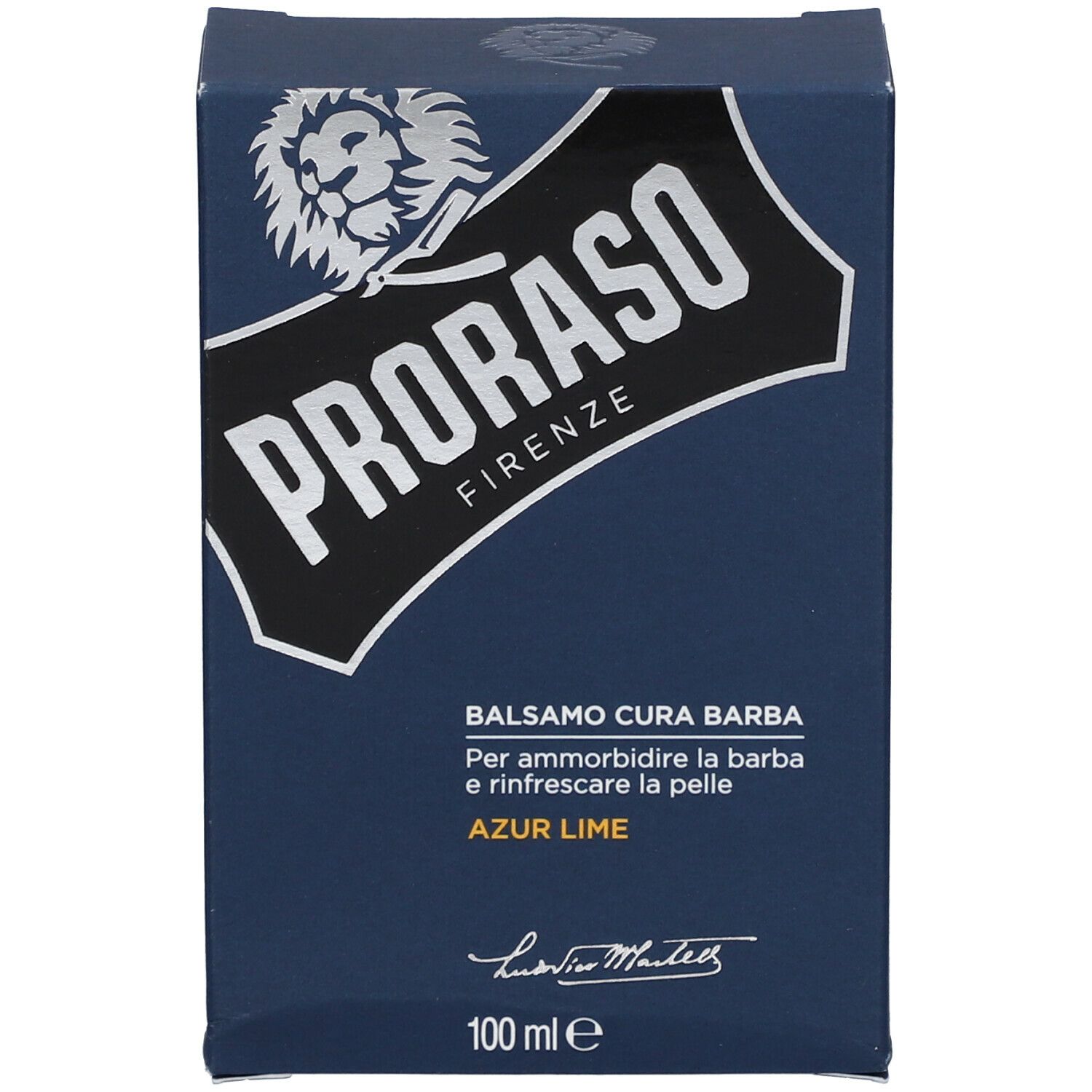 Face avant de l'emballage du produit bleu. Logo, nom du produit et indication de volume.