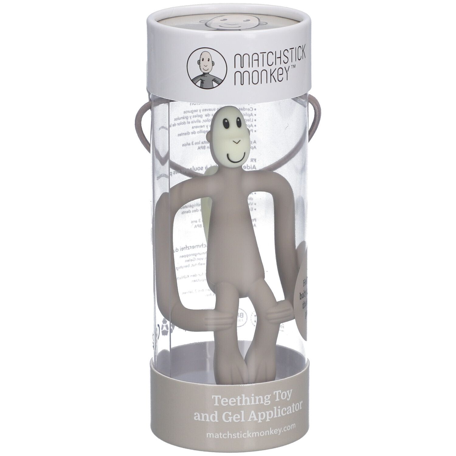 Grijze Matchstick Monkey bijtring in transparante verpakking. De aap heeft armen, benen en een hoofd. Op de verpakking staat "Matchstick Monkey".