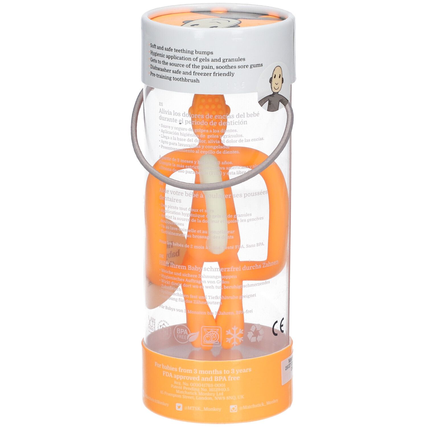 Orangener Beißring in transparenter Verpackung. Der Beißring hat die Form eines Affen. Auf der Verpackung steht "MATCHSTICK MONKEY".