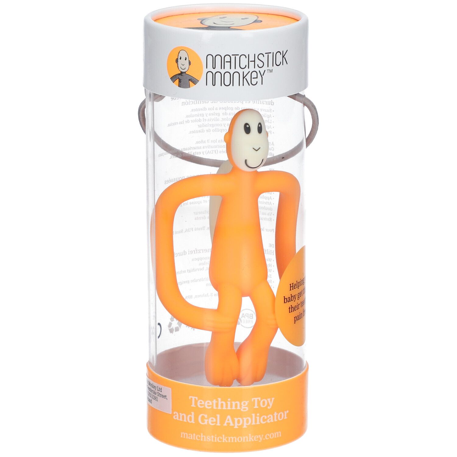 Orangener Beißring in transparenter Verpackung. Der Beißring hat die Form eines Affen. Auf der Verpackung steht "MATCHSTICK MONKEY".