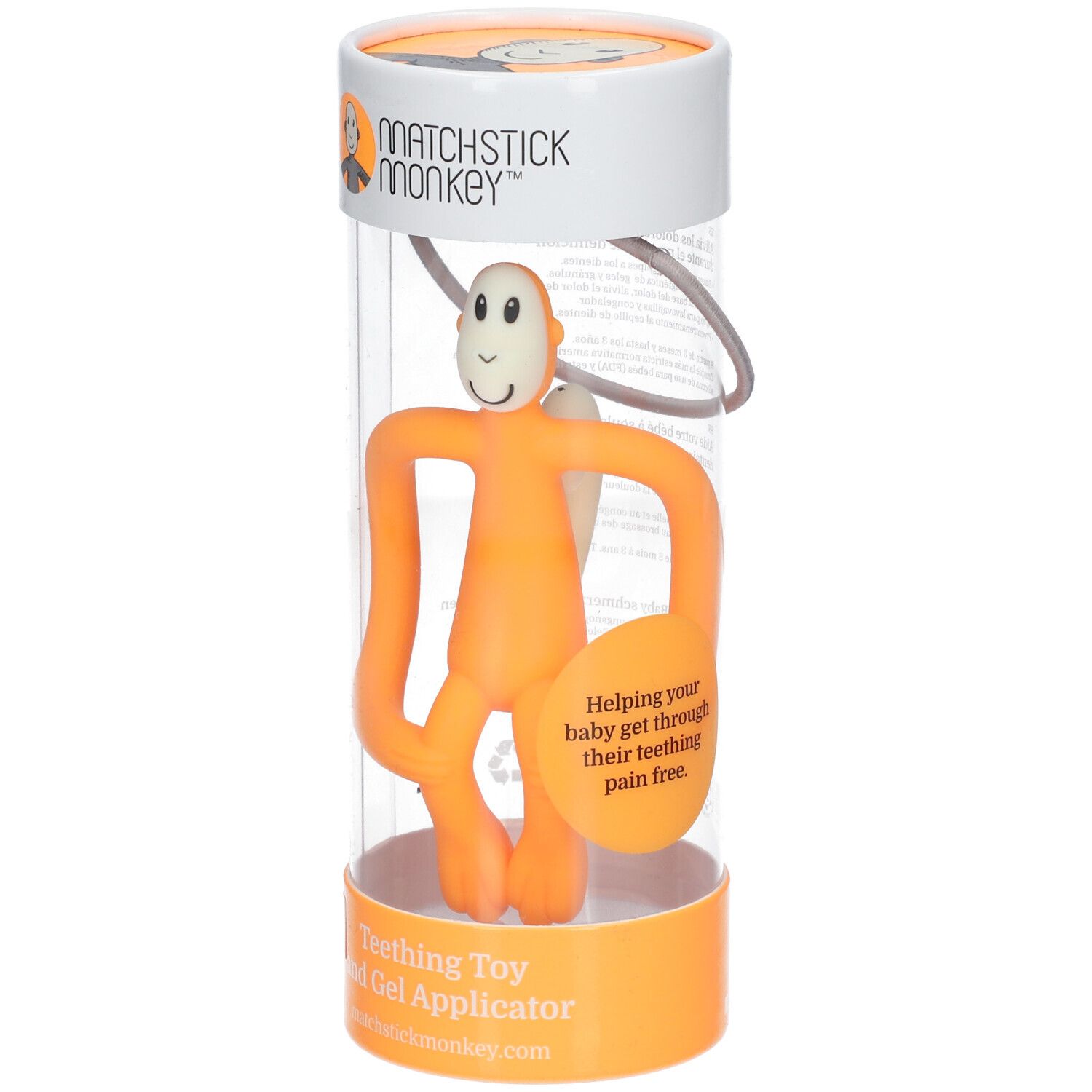 Orangener Beißring in transparenter Verpackung. Der Beißring hat die Form eines Affen. Auf der Verpackung steht "MATCHSTICK MONKEY".