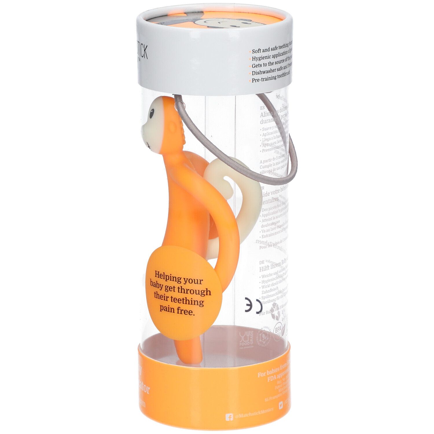 Seitenansicht des orangenen Beißrings in transparenter Verpackung. Der Beißring hat die Form eines Affen. Auf der Verpackung steht "MATCHSTICK MONKEY".