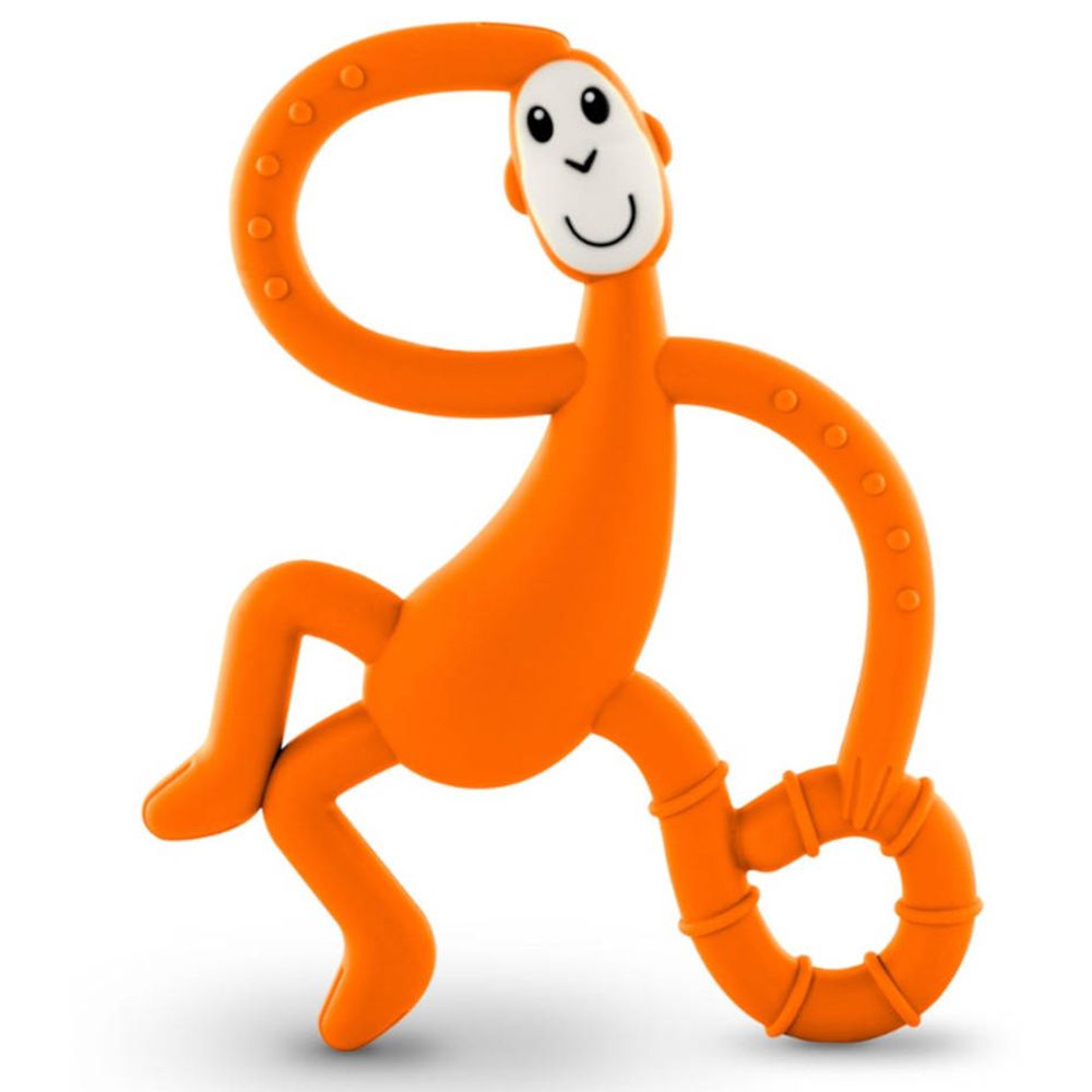 Anneau de dentition orange en forme de singe. Avec bras, jambes et un anneau. Visage avec yeux et bouche.