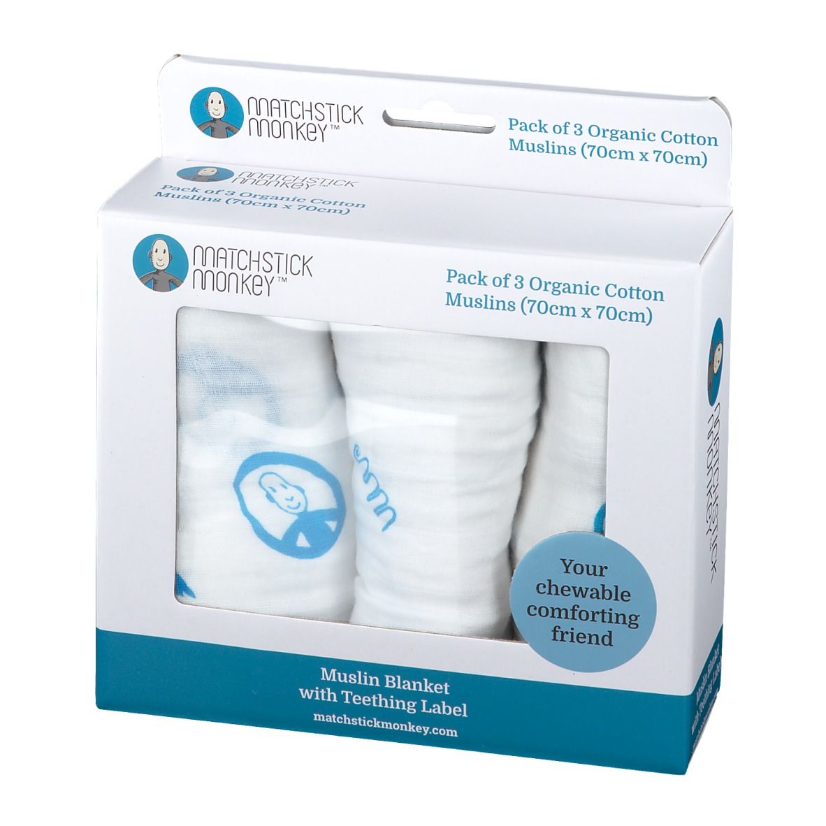 Verpakking met drie witte mousseline luiers. Blauwe prints. Merk: Matchstick Monkey. Tekst: 'Pack of 3 Organic Cotton Muslins'.