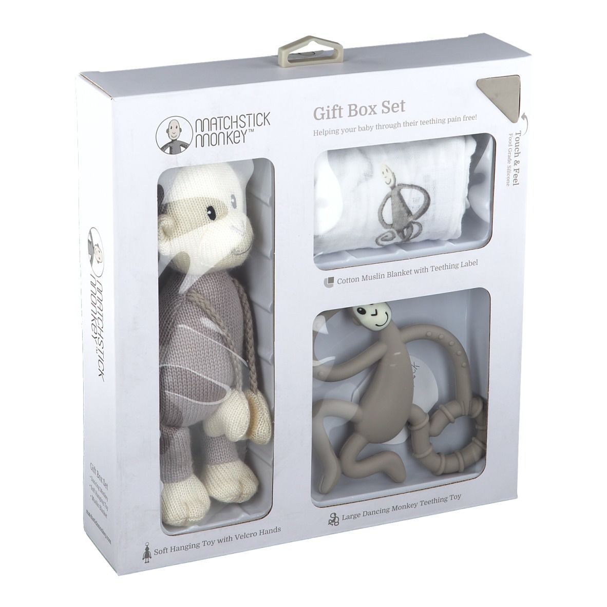 Cadeauset met knuffel, deken en bijtring. De set bevat een knuffel met klittenbandhanden en een bijtring.