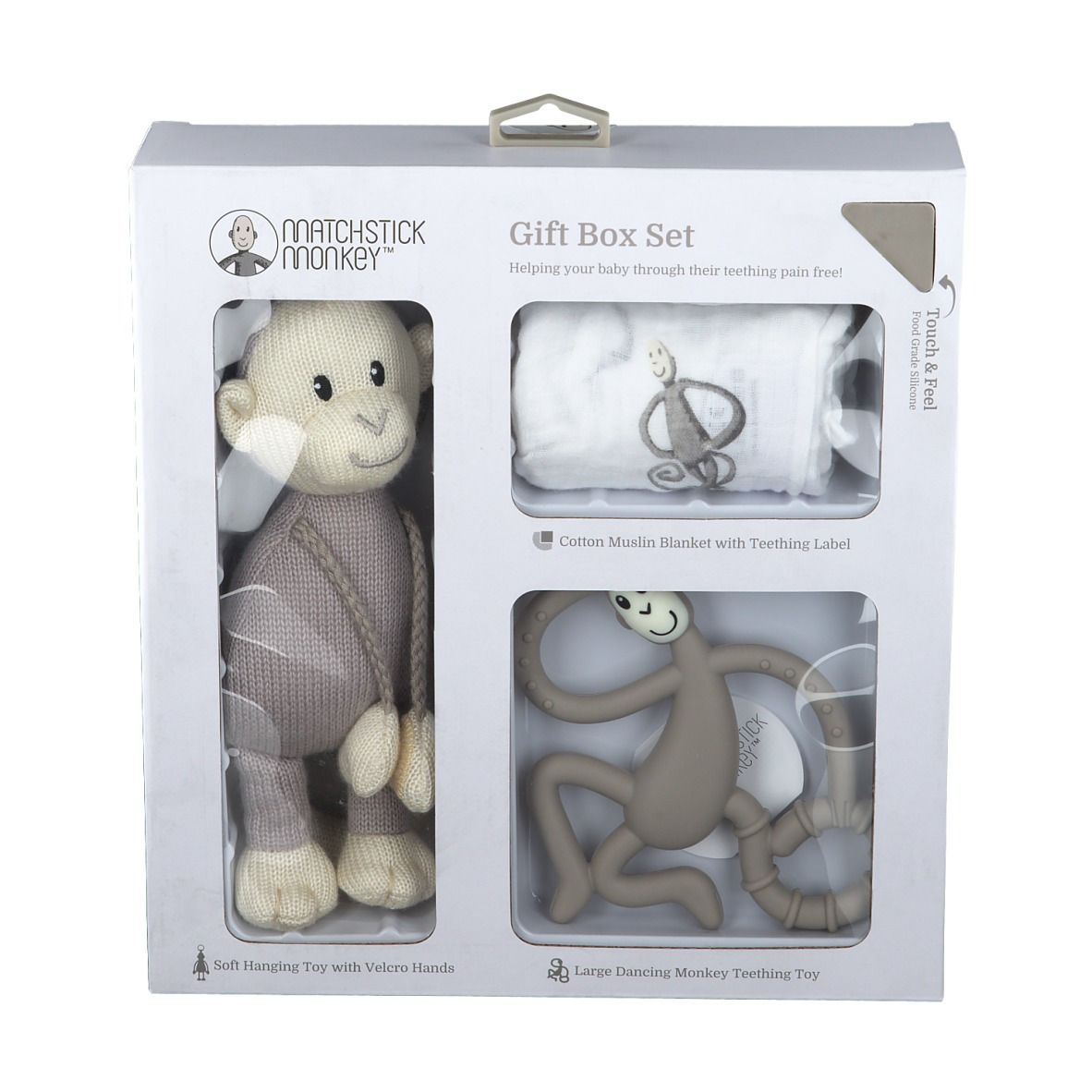 Cadeauset met knuffel, deken en bijtring. De set bevat een knuffel met klittenbandhanden en een bijtring.