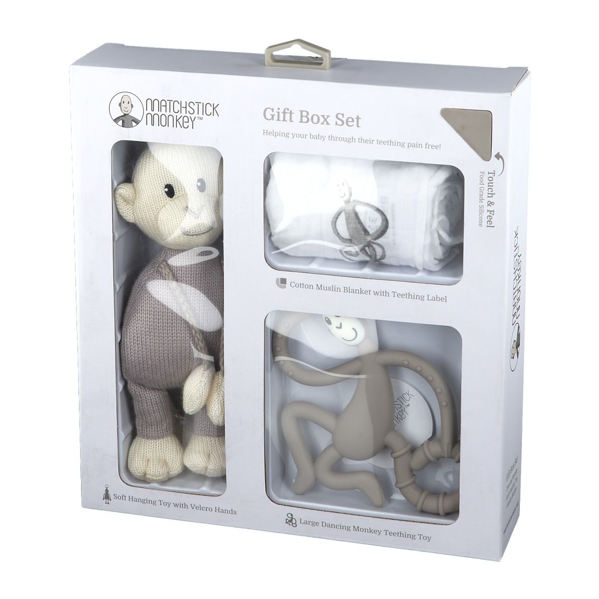 Cadeauset met knuffel, deken en bijtring. De set bevat een knuffel met klittenbandhanden en een bijtring.