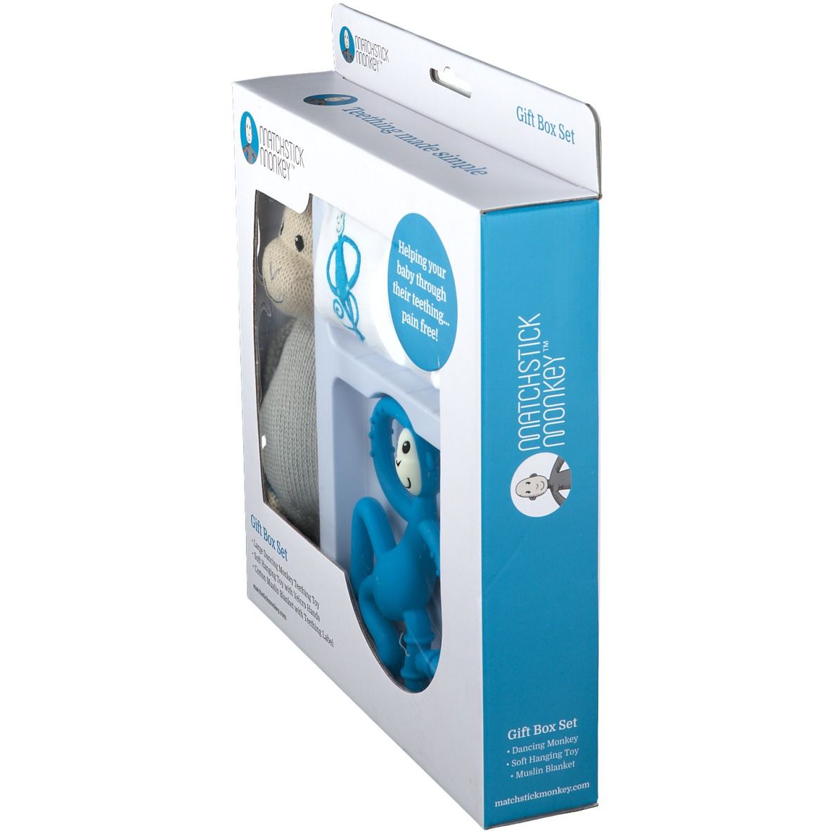 Coffret cadeau avec anneau de dentition Matchstick Monkey bleu, peluche et lange. Emballage avec nom et texte du produit.