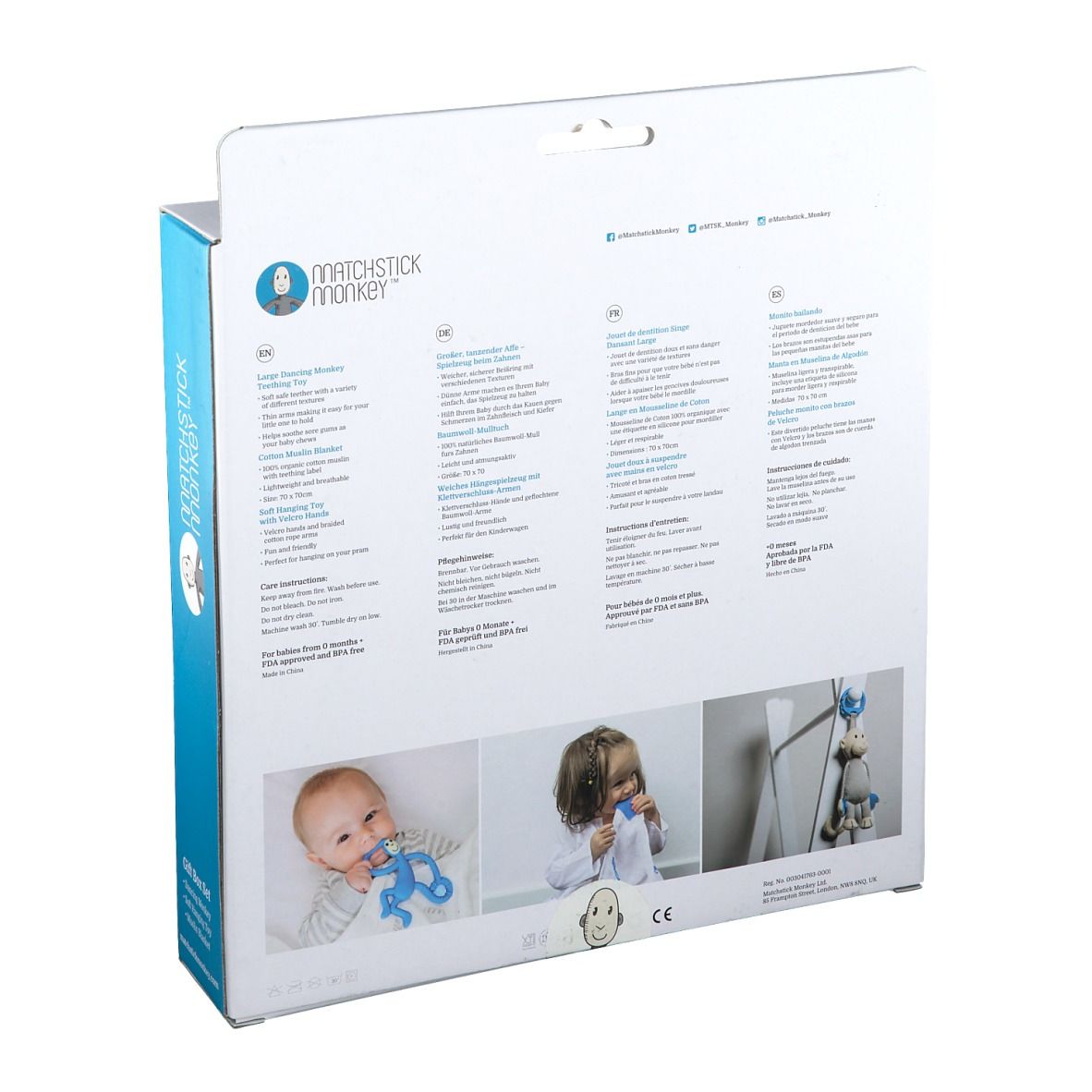 Dos du coffret cadeau avec informations produit multilingues et images de bébés utilisant le produit.