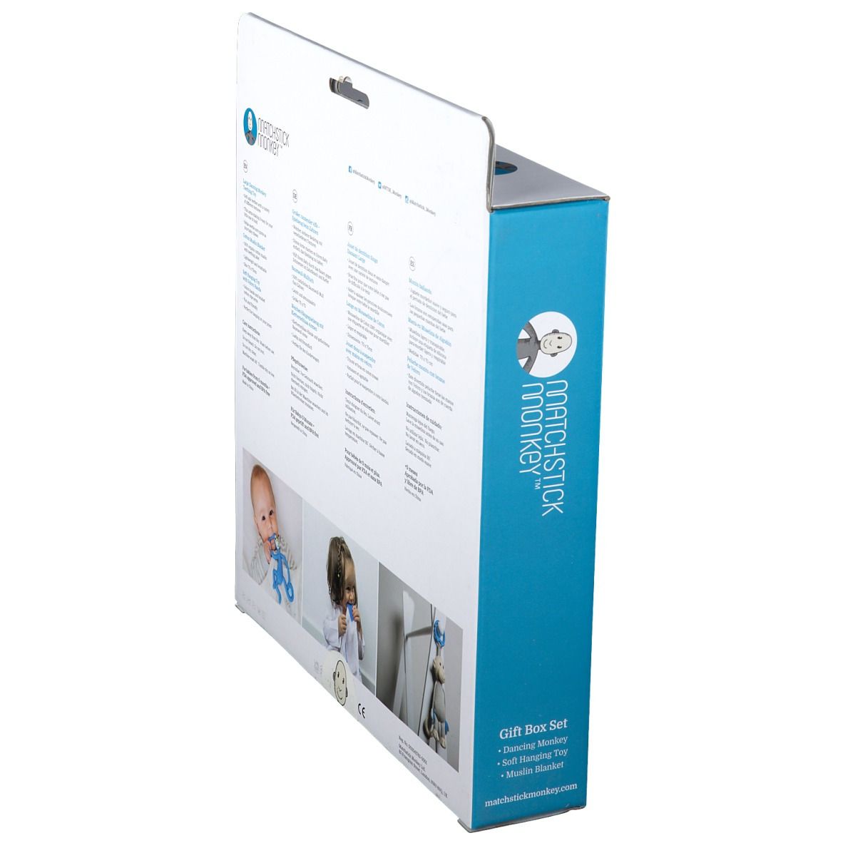 Vue latérale du coffret cadeau avec nom et texte du produit. Comprend un logo Matchstick Monkey bleu.