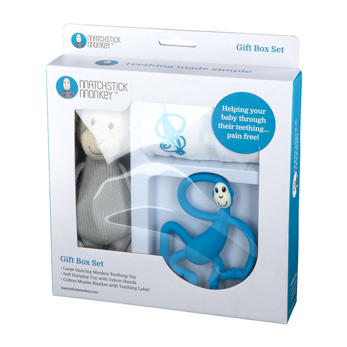 Coffret cadeau avec peluche, lange et anneau de dentition Matchstick Monkey bleu. Nom et texte du produit sur l'emballage.