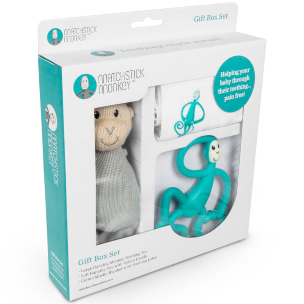 Coffret cadeau avec Matchstick Monkey, jouet en tissu et chiffon. Emballage avec nom du produit et slogan.