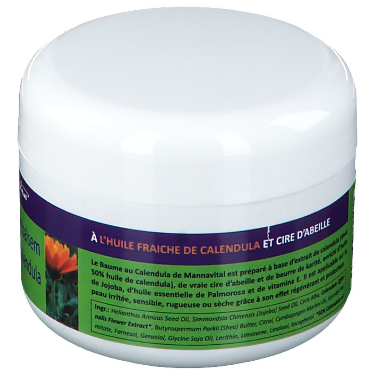 Pot blanc avec étiquette verte. Texte: À L'HUILE FRAÎCHE DE CALENDULA ET CIRE D'ABEILLE. Ingrédients. Marque: MannaVital.