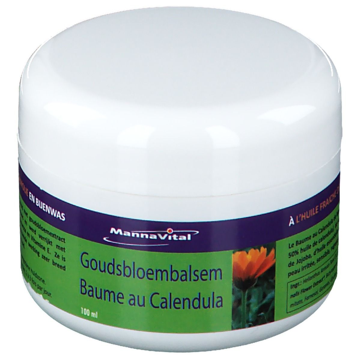 Pot blanc avec étiquette verte. Inscription: Goudsbloembalsem, Baume au Calendula. Marque: MannaVital. 100 ml.