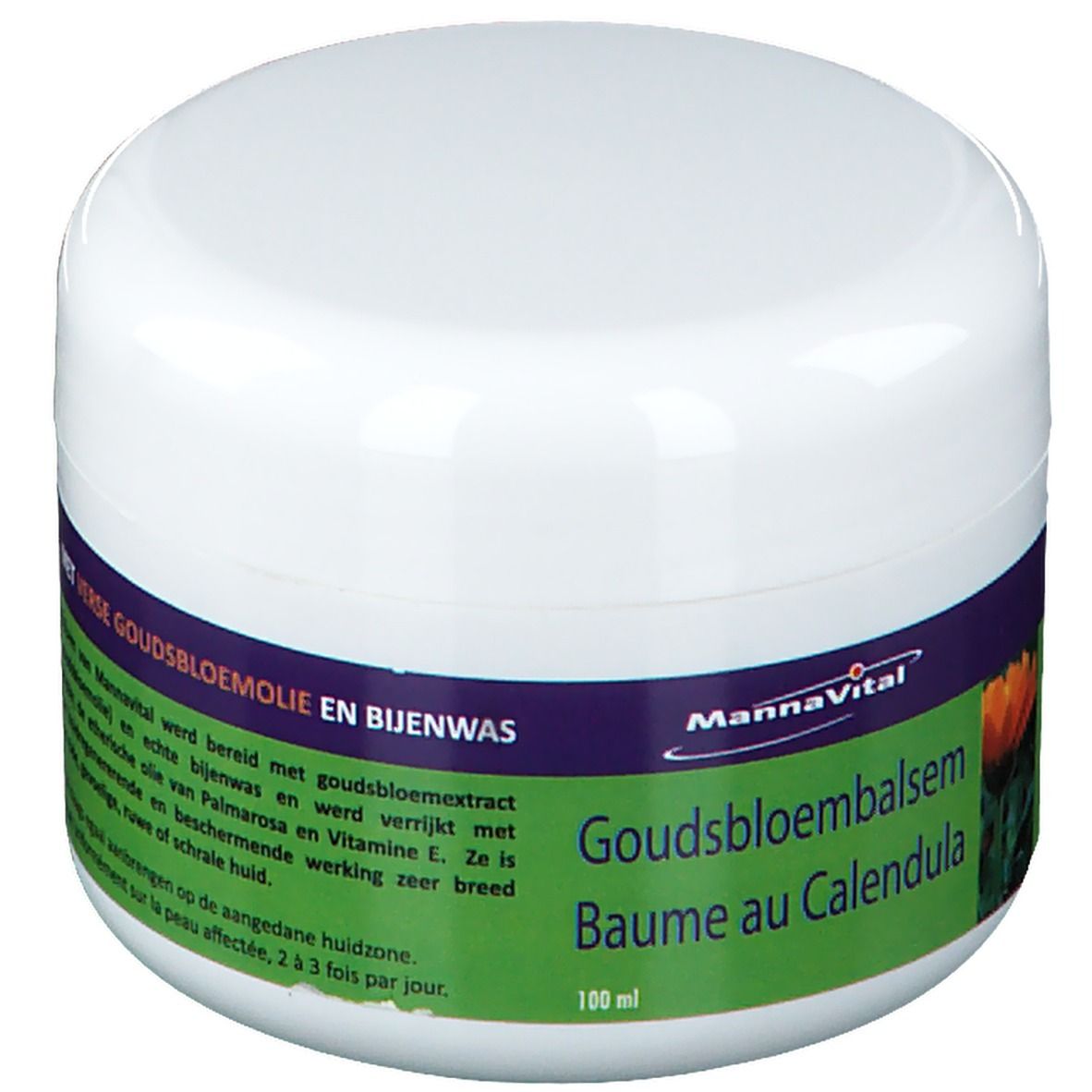 Pot blanc avec étiquette verte. Inscription: Goudsbloembalsem, Baume au Calendula. Marque: MannaVital. 100 ml.