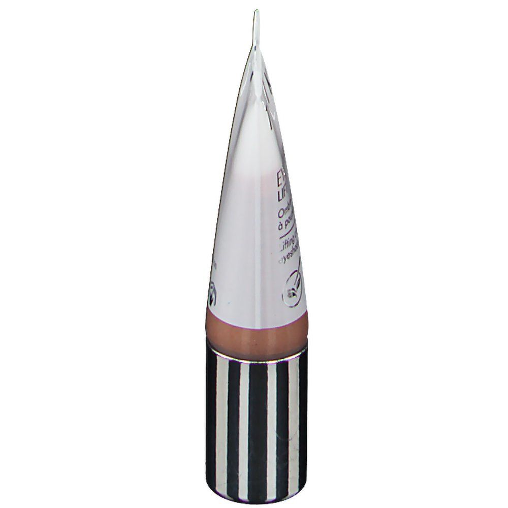 Vue latérale du tube TALIKA Eye Shadow Lift. Tube blanc avec produit brun. Rayures noires et blanches en bas.