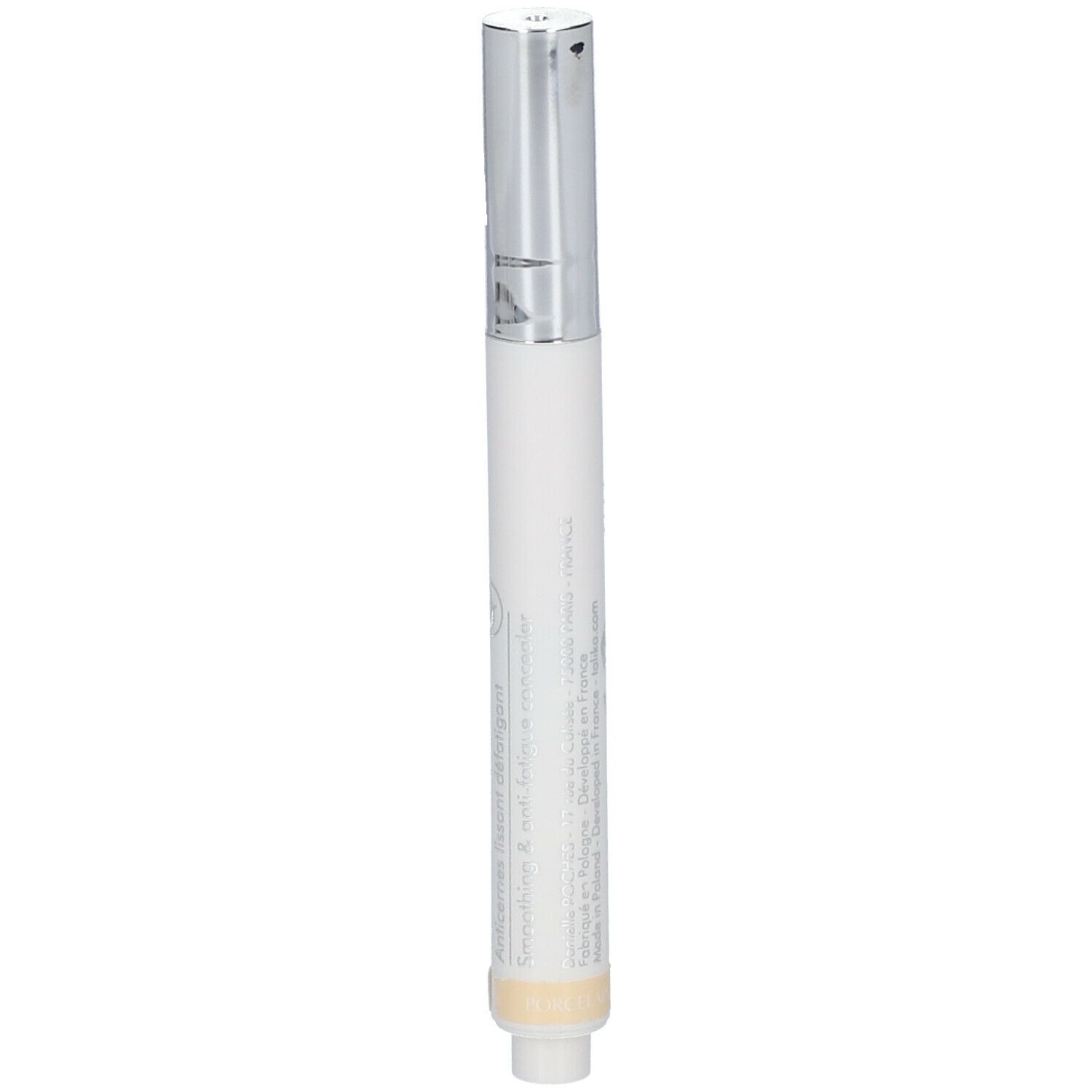 Stylo correcteur blanc avec capuchon argenté. Partie inférieure beige. Logo TALIKA visible.
