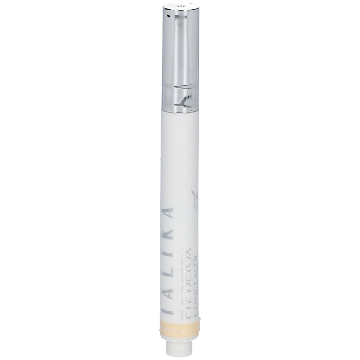 Stylo correcteur blanc avec capuchon argenté. Partie inférieure beige. Logo TALIKA EYE DETOX CONCEALER visible.