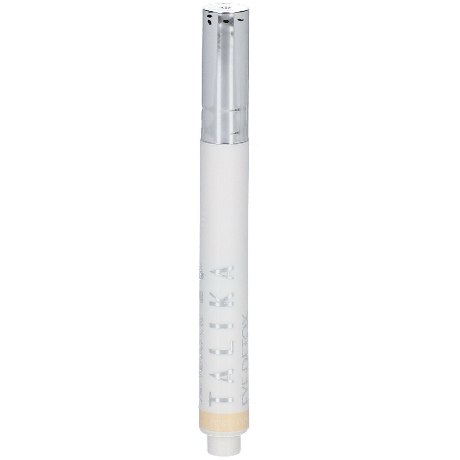 Stylo correcteur blanc avec capuchon argenté. Partie inférieure beige. Logo TALIKA EYE DETOX visible.