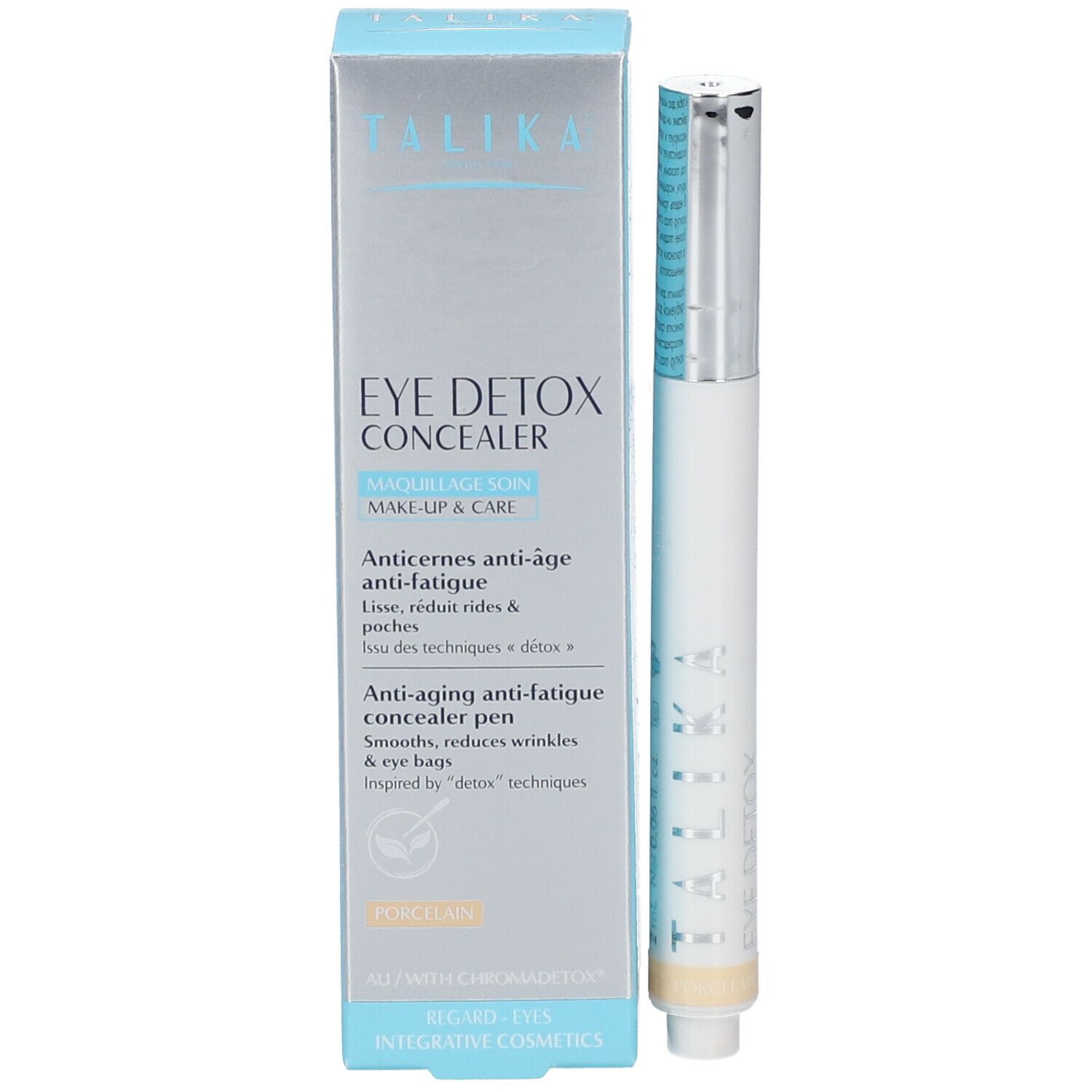 Emballage et stylo correcteur. Emballage avec logo TALIKA et nom du produit. Stylo blanc avec capuchon argenté.